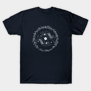 Line art floral wreath with hands holding moon - stay magical T-Shirt